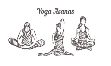 El çizimi yoga asanası. Yoga pozları, vektör çizimi