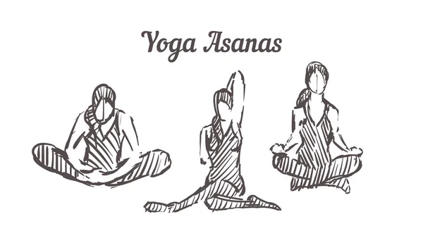 Asanas de ioga desenhadas à mão. Esboço de poses de ioga, ilustração vetorial — Vetor de Stock