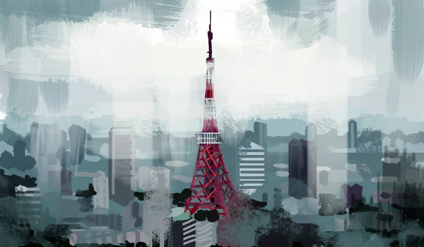 Landskap Staden Tokyo Imitation Abstrakt Oljemålning Tokyo Tower Molnig Dag — Stockfoto