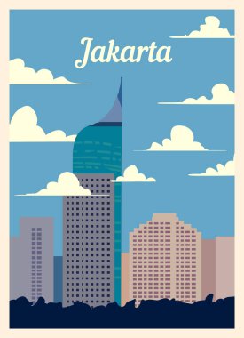 Retro poster Jakarta City silueti. Klasik, Jakarta vektör illüstrasyonu.