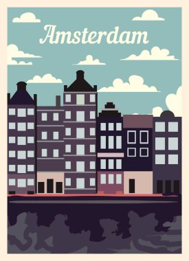 Retro poster Amsterdam şehrinin silueti. Amsterdam Vintage, vektör illüstrasyonu.