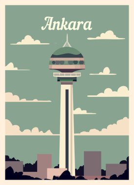 Retro poster Ankara 'nın ufuk çizgisi. Ankara vintage ve vektör illüstrasyonu.