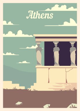 Retro poster Atina şehrinin ufuk çizgisi. Atina vintage, vektör illüstrasyonu.