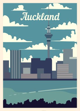 Retro poster Auckland City silueti. Klasik, Auckland vektör illüstrasyonu.