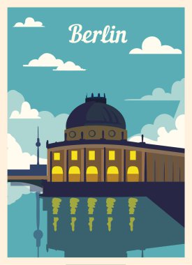 Retro poster Berlin şehrinin silueti. Klasik, Berlin vektör illüstrasyonu.