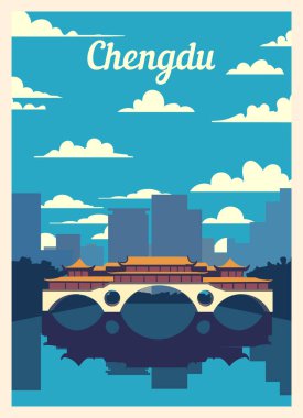 Retro poster Chengdu şehrinin silueti. Chengdu vintage, vektör illüstrasyonu.