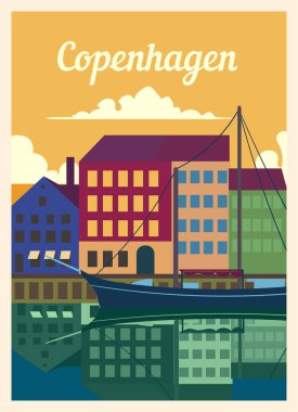 Retro poster Kopenhag şehrinin ufuk çizgisi. Kopenhag Vintage, vektör illüstrasyonu.