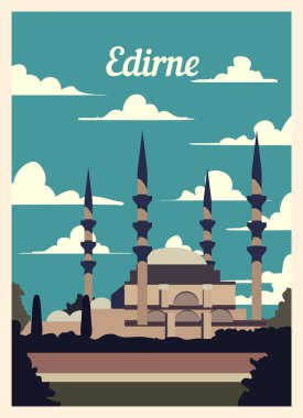 Retro poster Edirne City silueti. Edirne vintage, vektör illüstrasyonu.