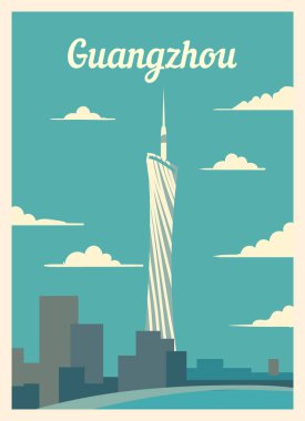 Retro poster Guangzhou şehir silueti. Guangzhou vintage, vektör illüstrasyonu.