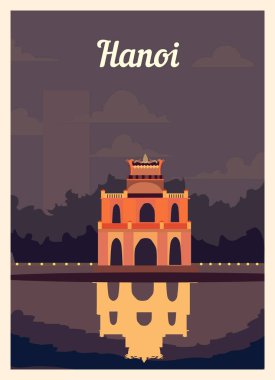 Retro poster Hanoi şehrinin silueti. Hanoi vintage, vektör illüstrasyonu.