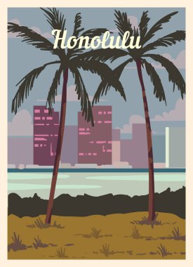 Retro poster Honolulu şehrinin silueti. Honolulu Vintage, vektör çizimi.
