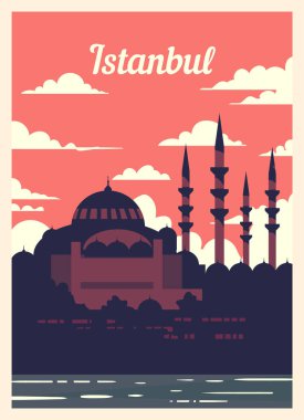 Retro posteri İstanbul şehrinin ufuk çizgisi. İstanbul bağbozumu, vektör illüstrasyonu.