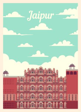 Retro poster Jaipur şehrinin silueti. Jaipur vintage, vektör illüstrasyonu.