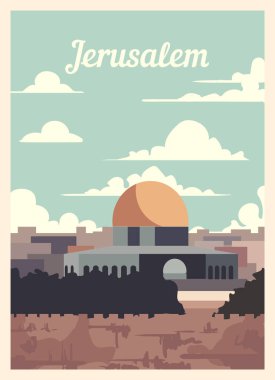 Retro poster Kudüs şehrinin ufuk çizgisi. Kudüs mahsulü, vektör illüstrasyonu.