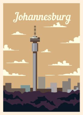 Retro poster Johannesburg şehrinin silueti. Johannesburg Vintage, vektör illüstrasyonu.