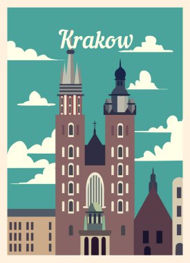Retro poster Krakow şehrinin silueti. Krakow vintage, vektör illüstrasyonu.