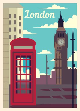 Retro poster Londra şehrinin ufuk çizgisi. Londra Vintage, vektör illüstrasyonu.