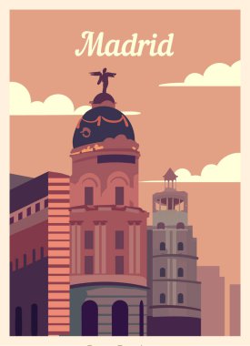 Retro poster Madrid 'in ufuk çizgisi. Madrid vintage, vektör illüstrasyonu.