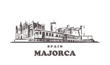 Majorca Skyline 'ı çiziyor. İspanya, Mayorka el çizimi vektör çizimi. Beyaz arkaplanda izole.