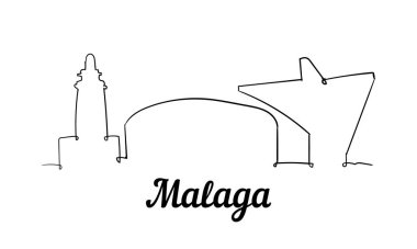 Tek çizgi tarzı Malaga silüeti. Basit modern minimalist stil vektörü. Beyaz arkaplanda izole.
