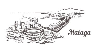 Malaga Skyline skeci. Beyaz arkaplanda izole edilmiş Malaga el çizimi.