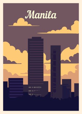 Retro poster Manila şehrinin silueti. Manila vintage, vektör illüstrasyonu.
