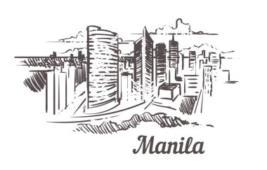 Manila Skyline skeci. Manila el çizimi beyaz arkaplanda izole edilmiş.