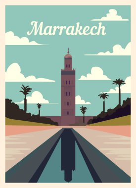 Retro poster Marakeş şehrinin ufuk çizgisi. Marakeş mahsulü, vektör illüstrasyonu.