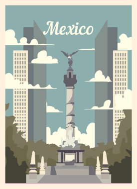Retro poster Mexico City silueti. Meksika mahsulü, vektör illüstrasyonu.