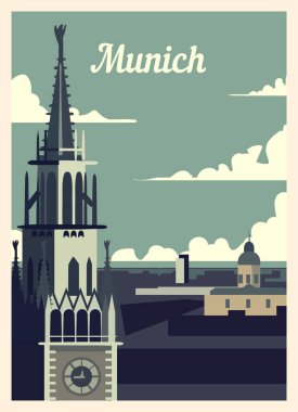 Retro poster Münih şehrinin ufuk çizgisi. Klasik, Münih vektör illüstrasyonu.