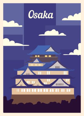 Retro poster Osaka şehrinin silueti. Klasik, Osaka vektör illüstrasyonu.