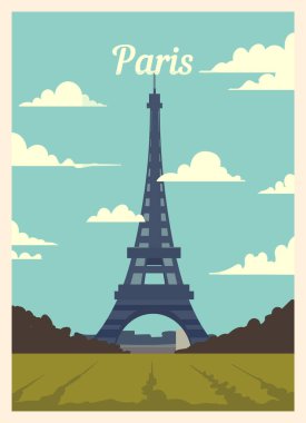 Retro poster Paris şehrinin silueti. Paris Vintage, vektör illüstrasyonu.