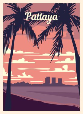 Retro poster Pattaya şehrinin silueti. Klasik, Pattaya vektör illüstrasyonu.