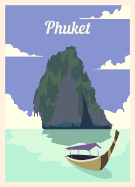 Retro poster Phuket City silueti. Phuket Vintage, vektör illüstrasyonu.