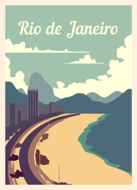 Retro poster Rio De Janeiro şehir silueti. Rio Vintage, vektör illüstrasyonu.