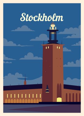 Retro poster Stockholm City silueti. Klasik, Stockholm vektör illüstrasyonu.