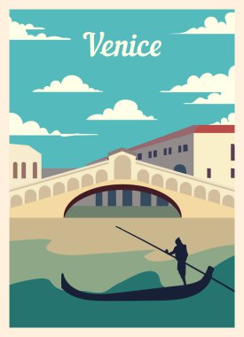 Retro poster şehri Venedik silueti. Klasik, Venedik vektör illüstrasyonu.