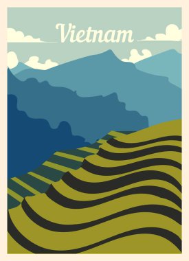 Retro poster Vietnam şehrinin ufuk çizgisi. Klasik, Vietnam vektör illüstrasyonu.
