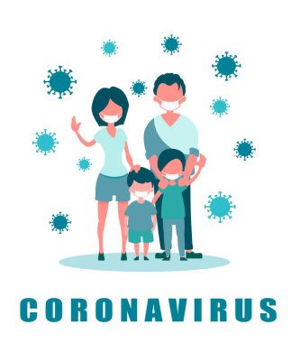 Beyaz arka planda koruyucu maskeli, koronavirüsle çevrili bir aile. Coronavirus vektör çizimi.