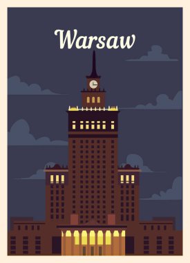 Retro poster, Varşova şehrinin silueti. Klasik, Varşova vektör illüstrasyonu.