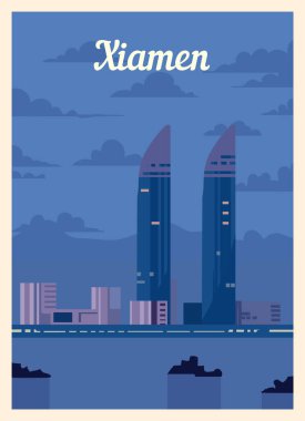 Retro poster Xiamen şehrinin silueti. Klasik, Xiamen vektör illüstrasyonu.