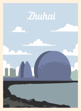 Retro poster Zhuhai City silueti. Klasik, Zhuhai vektör illüstrasyonu.