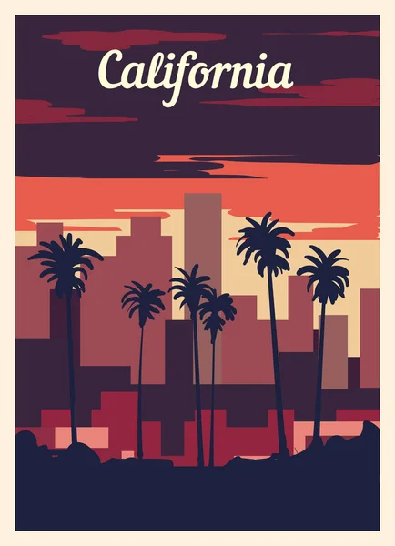Retro Poster California City Skyline California Vintage Vector Illustratie — Stockvector