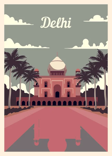 Retro Plakat Der Skyline Von Delhi Delhi Jahrgang Vektorillustration — Stockvektor