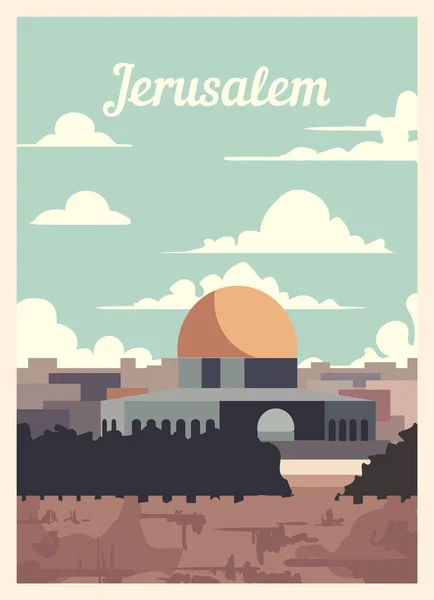 Plakat Retro Jerozolimy Panorama Miasta Jerozolima Vintage Ilustracja Wektor — Wektor stockowy