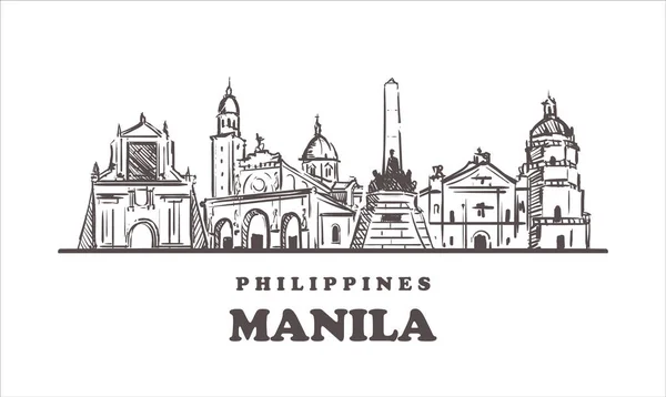 Manila Skicuje Panorama Filipíny Ručně Kreslená Vektorová Ilustrace Izolováno Bílém — Stockový vektor