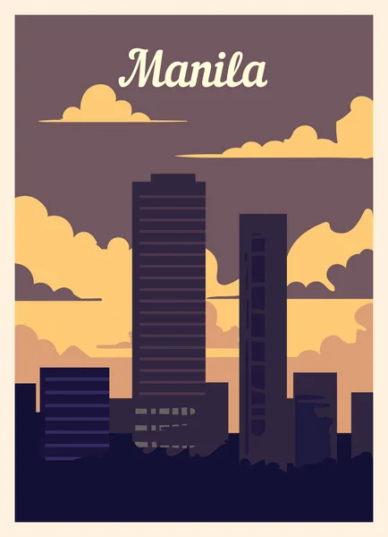 Afiche Retro Ciudad Manila Skyline Manila Vintage Ilustración Vectorial — Vector de stock