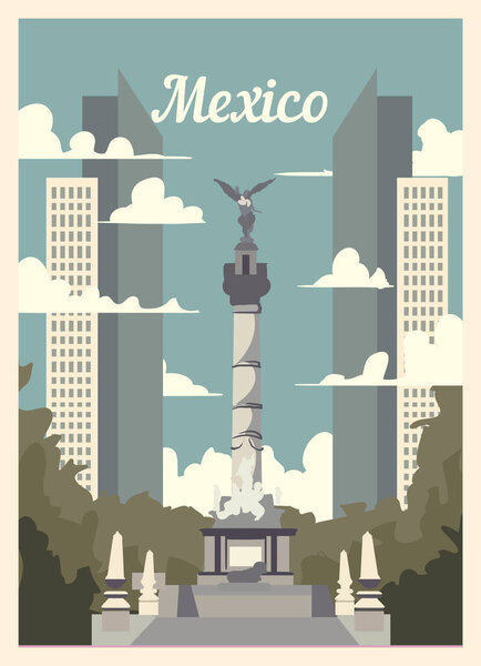 Retro poster Mexico city skyline. Mexico vintage, vector illustration.