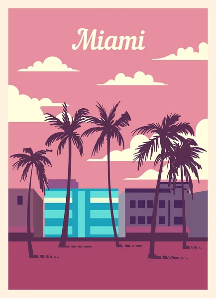 Retro poster Miami şehrinin ufuk çizgisi. Miami Vintage, vektör illüstrasyonu.