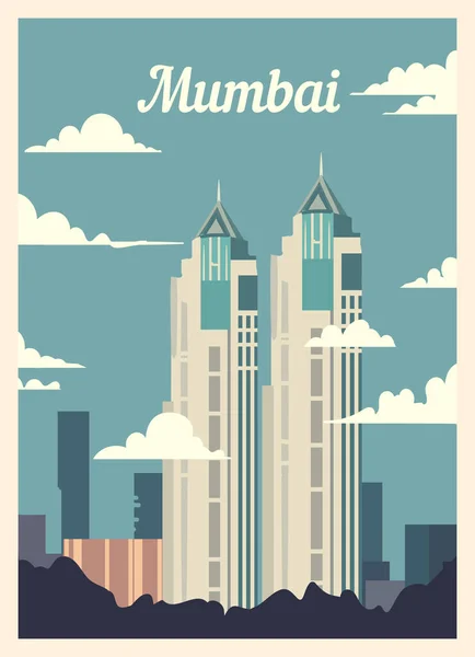 Plakat Retro Mumbai City Skyline Rocznik Mumbai Wektor Ilustracja — Wektor stockowy